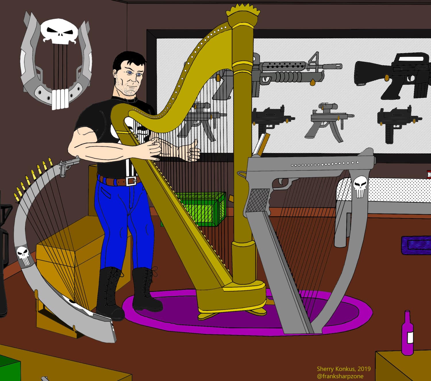 The Punisher practicing on the harp in one of his safehouses.