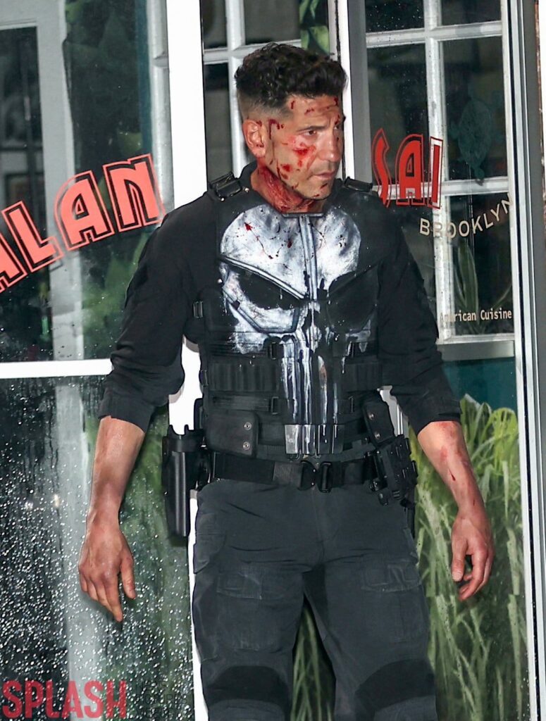 One of the best Jon Bernthal Punisher photos in this gallery.  Photo taken from behind the scenes of Daredevil: Born Again. 