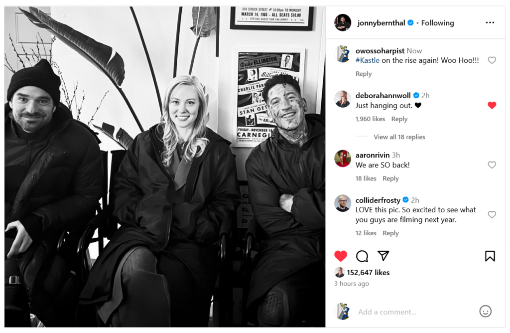 Punisher (Jon Bernthal), Daredevil (Charlie Cox), and Karen Page (Deborah Ann Woll) hanging out together on Jon Bernthal's Instagram account.